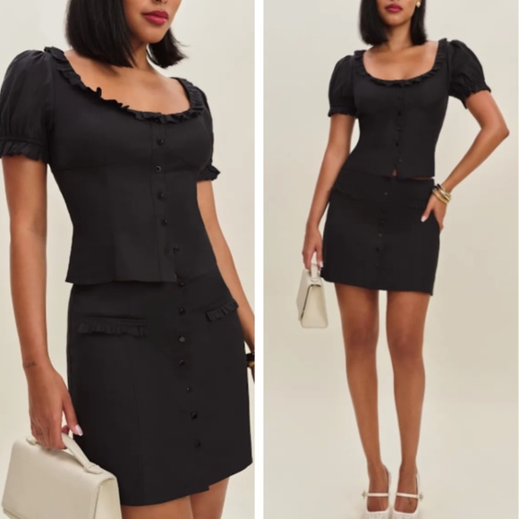 NWT Reformation Janell Two Piece Set - Black Noir Cotton Mini Skirt French - Picture 1 of 8